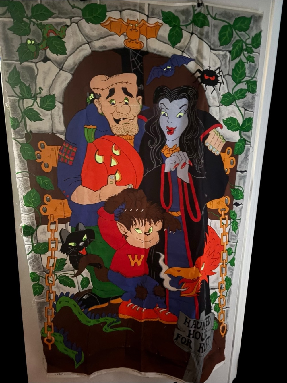Vtg 80s VIP Screen Print Cranston Halloween Haunted House Fabric Door Panel Glow